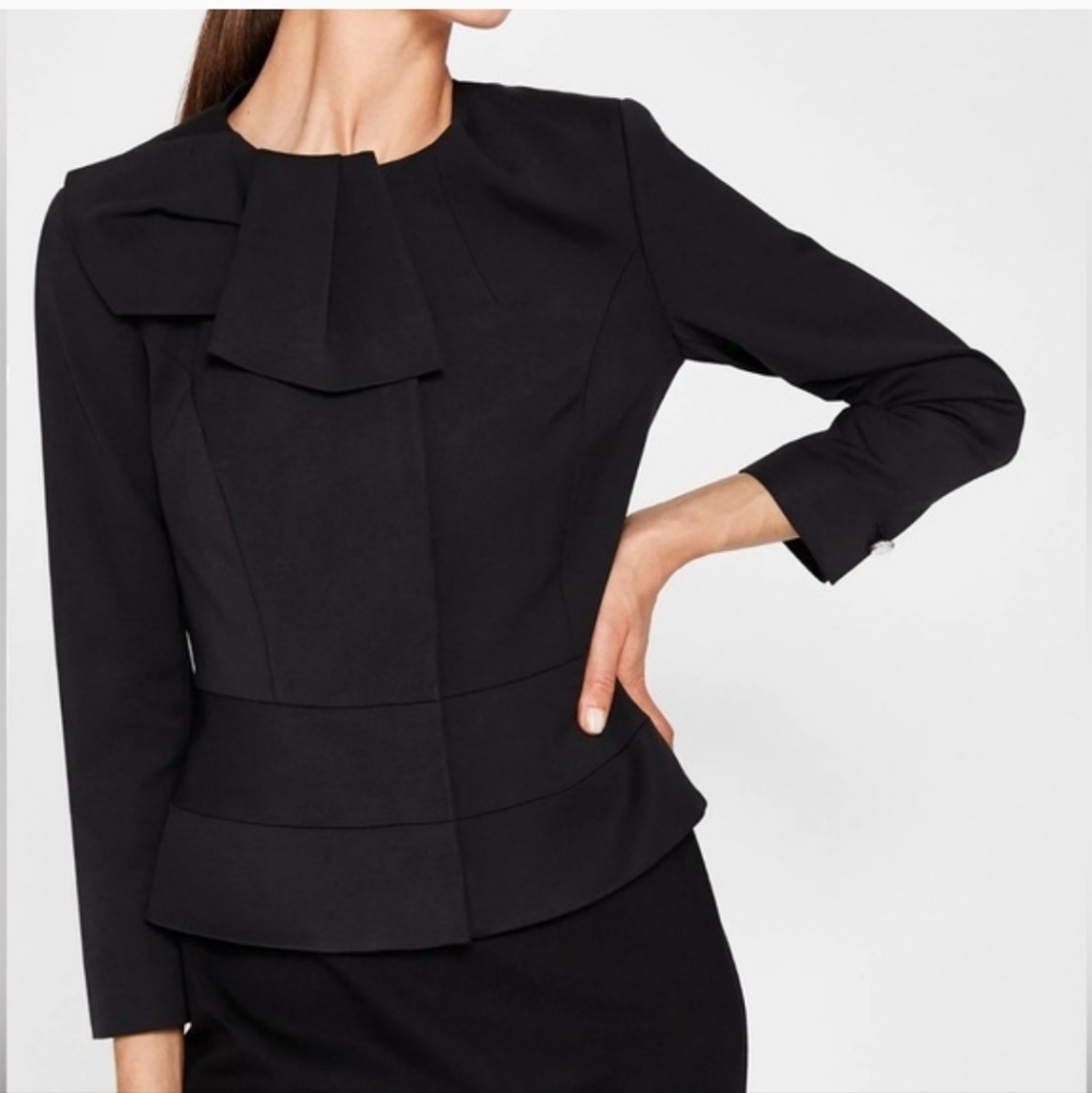 Ted Baker Rayal Black Bow Peplum Blazer Jacket Rose Gold Floral Lining Sz 2 US 6